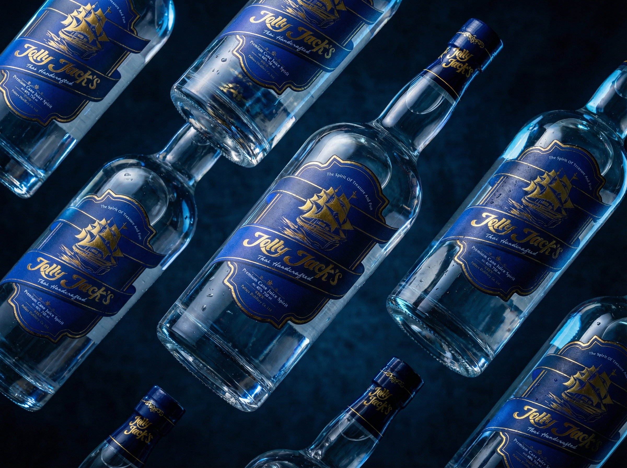 Jolly-Jacks-Spirit-Product-Line-Pattern การจัดวางกลุ่มขวด Jolly Jack's Premium Cane Juice Spirit ในรูปแบบ Pattern บนพื้นหลังสีน้ำเงินเข้ม