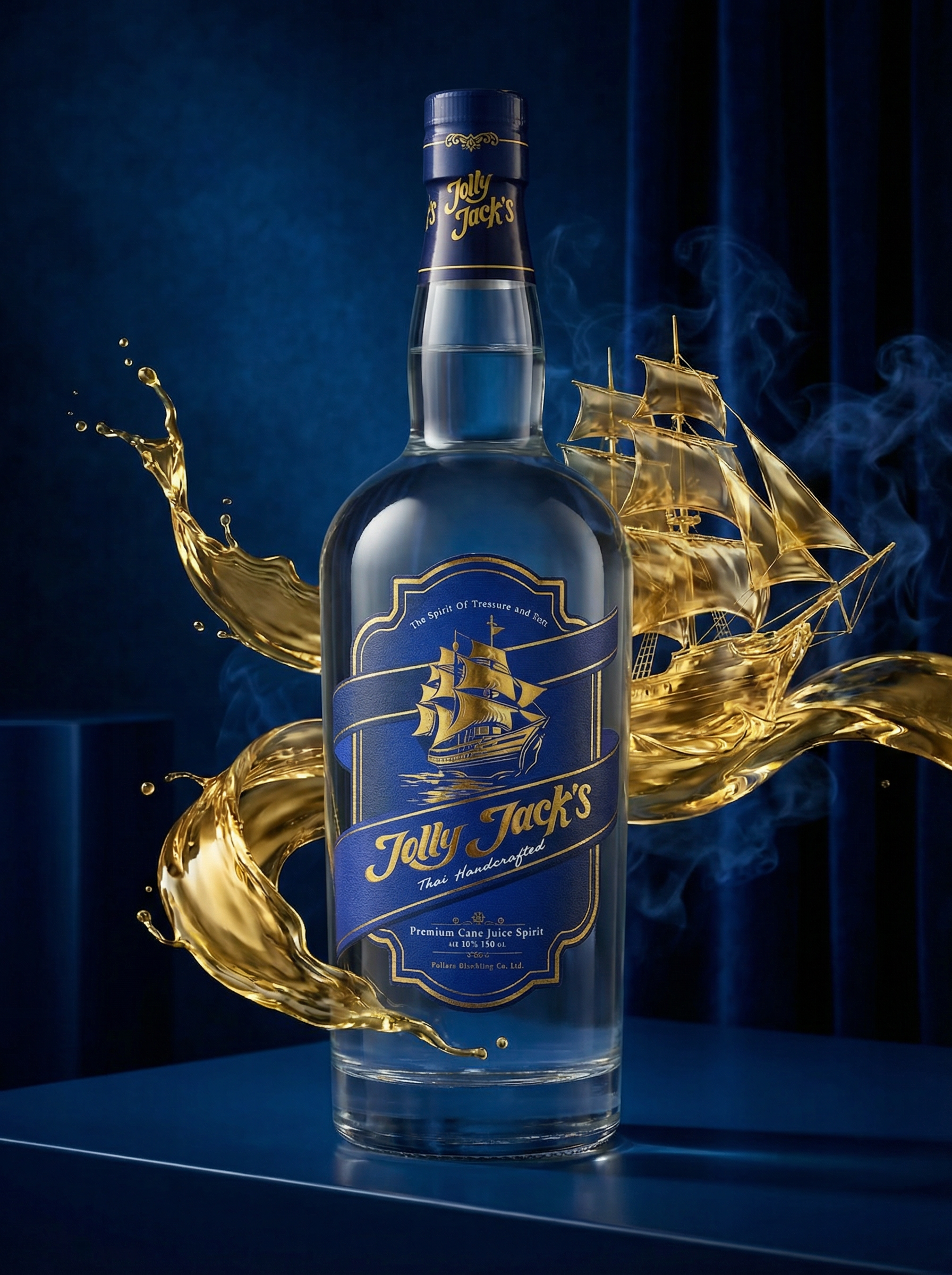 jolly-jacks-premium-spirit-golden-ship-hero-shot งานออกแบบบรรจุภัณฑ์สุรา Jolly Jack's พร้อมกราฟิกสแปลชน้ำสีทองเป็นรูปเรือสำเภา สื่อถึงจิตวิญญาณแห่งการค้นหาสมบัติ