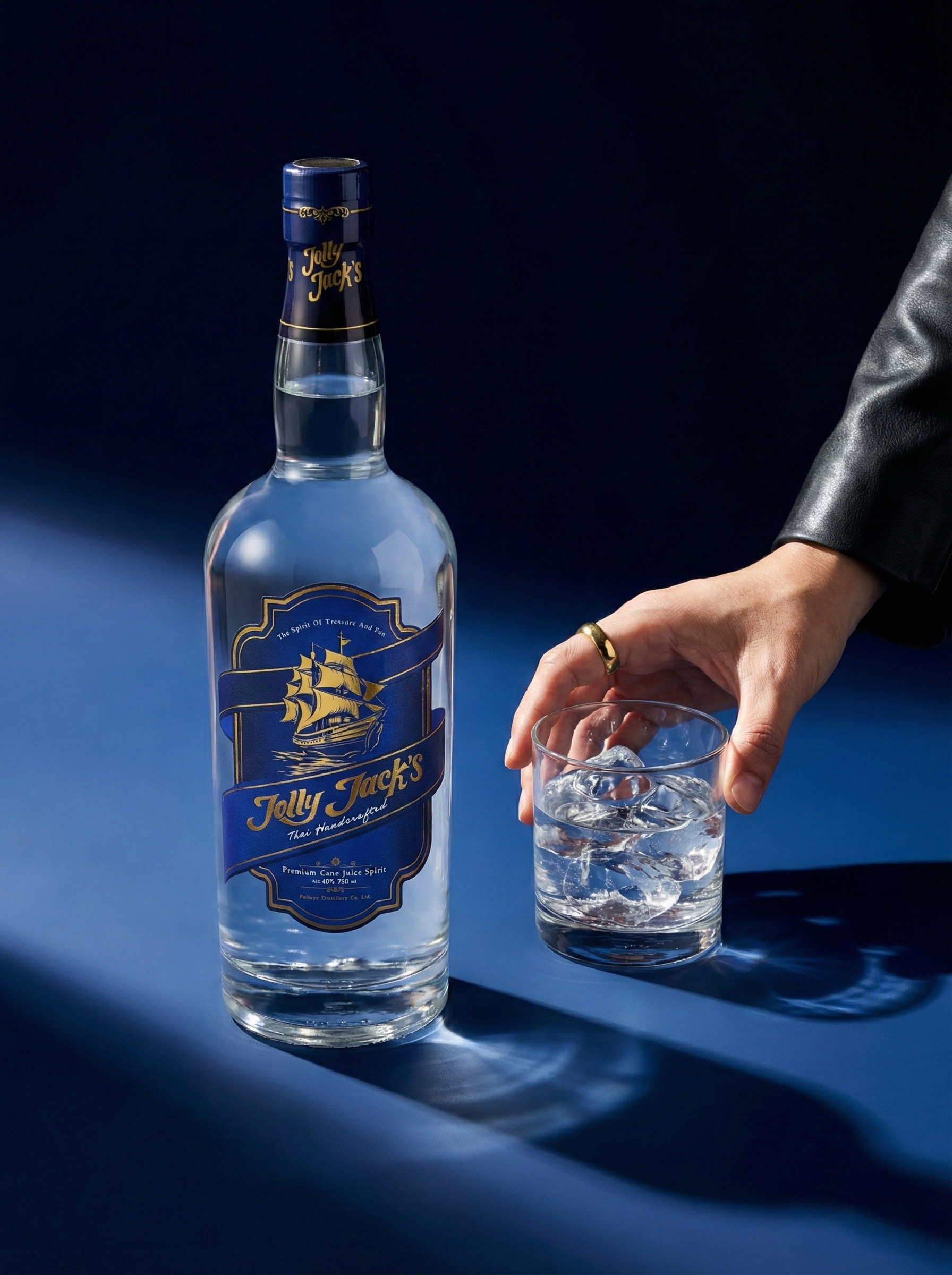 jolly-jacks-lifestyle-hero-shot ขวดสุรา Jolly Jack's และมือคนถือแก้วเครื่องดื่มบรรจุน้ำแข็ง ในบรรยากาศหรูหราโทนสีน้ำเงินเข้ม