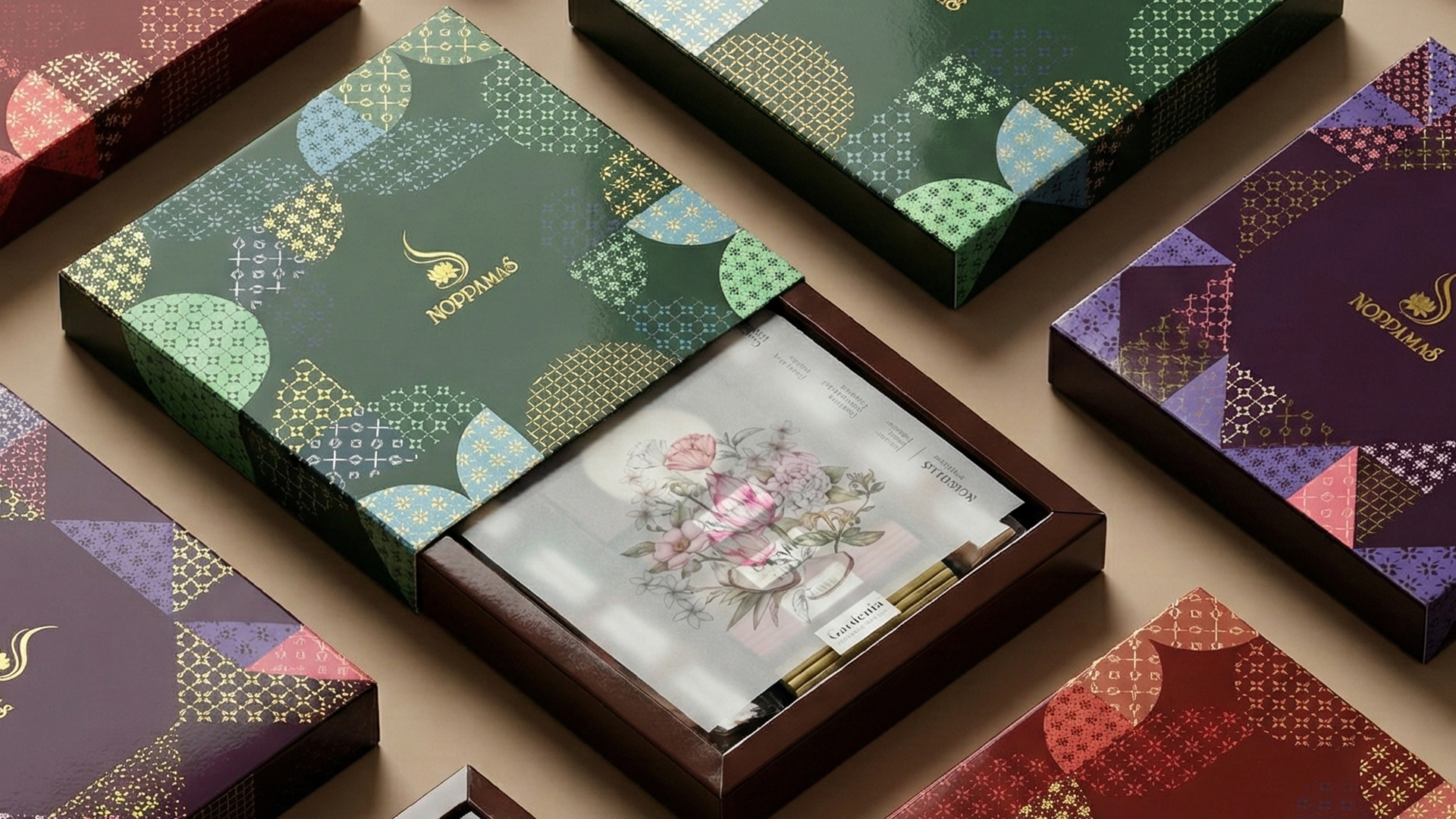 Complete collection of Noppamas premium aroma incense packaging design